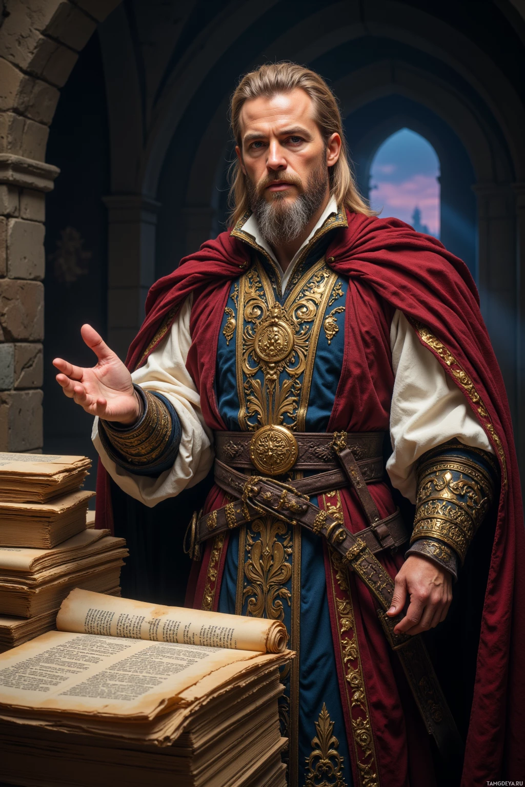 Realistic high quality photo. A 40‑year‑old man with neatly combed blonde hair, a full beard, piercing blue eyes and fair skin, wearing ornate noble robes with intricate golden embroidery and a regal cloak trimmed with gold, stands in a dim stone vault surrounded by stacks of ancient parchment, lecturing with a poised, stern expression as his hand gestures toward the scrolls, while a subtle tremor in the air hints at impending change, twilight light filtering through a small stone aperture.