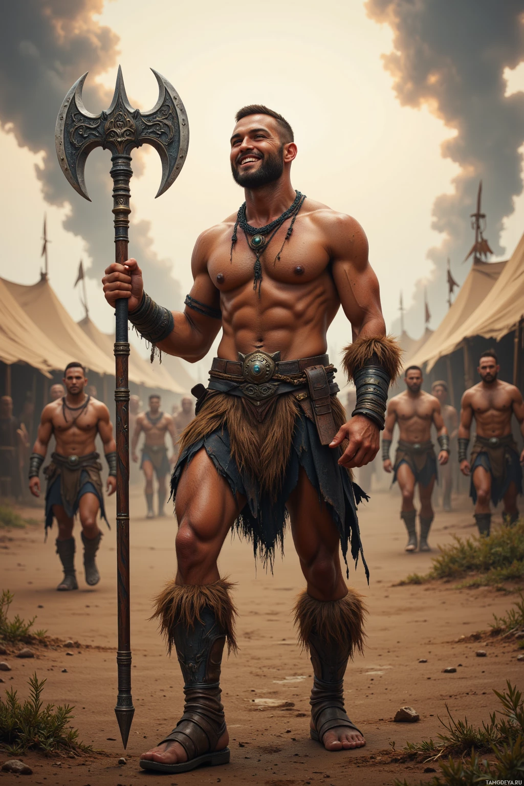 Мускулистый воин в древней броне держит большой топор, стоя в лагере среди других людей, одетых подобным образом.