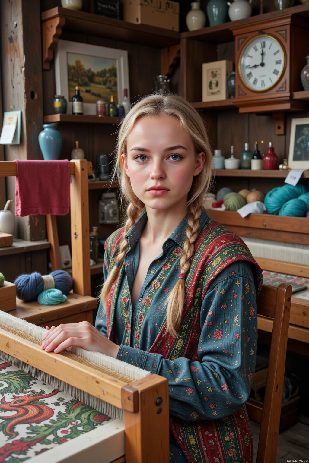 Realistic high quality photo. A 25‑year‑old woman with braided blonde hair, blue eyes, pale skin, wearing richly patterned artisanal clothing, sits at a wooden loom in a cozy studio with a ticking clock overhead, a calm realistic dragon pattern emerging on her woven fabric, while a rogue skein of yarn sits in a sock drawer nearby, humming quietly.