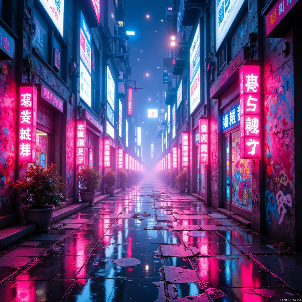 Неоновый переулок, залитый яркими розовыми и голубыми огнями, которые отражаются от мокрого асфальта.