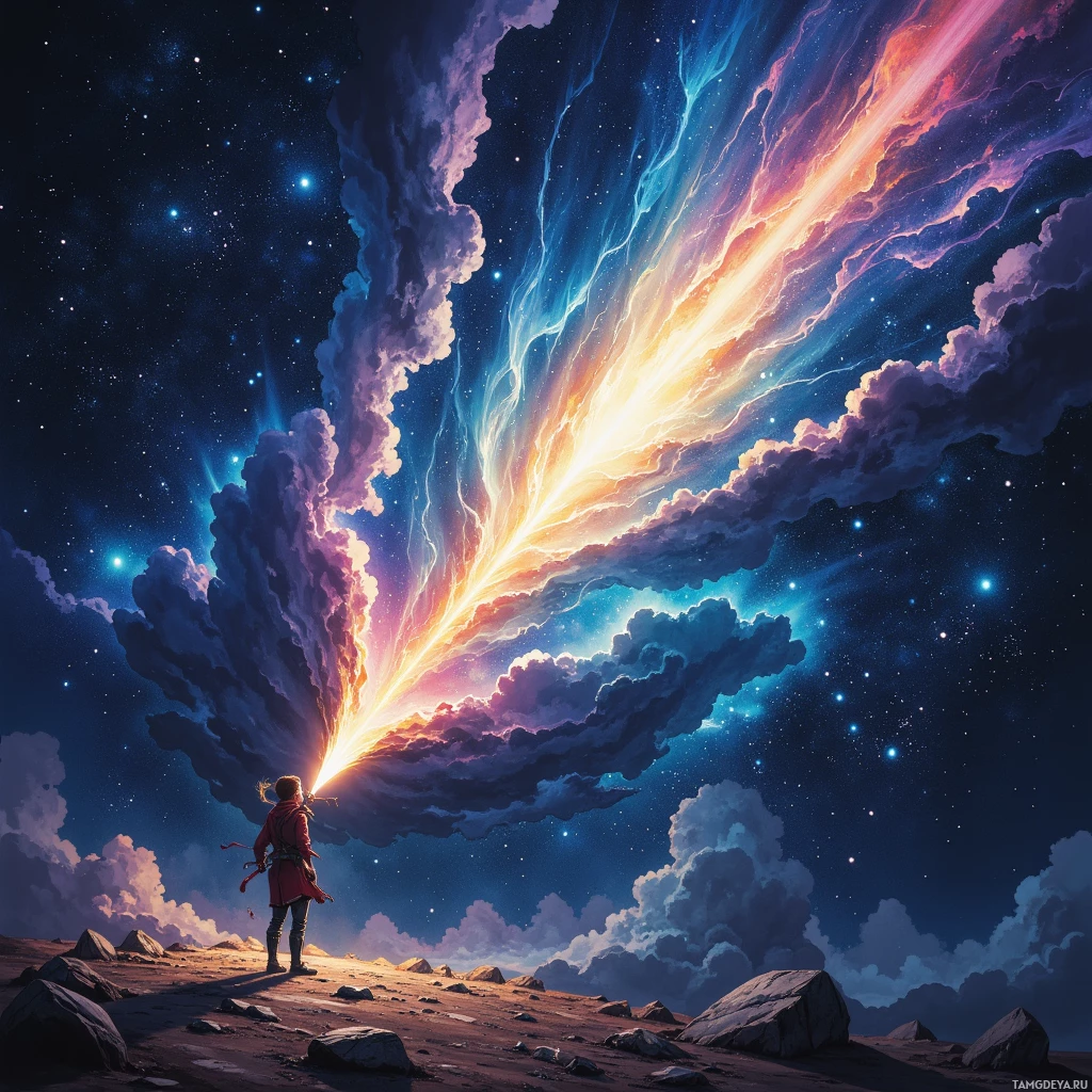 Одинокая фигура стоит на каменистом пейзаже под ярким звездным небом, освещенным полосами света и разноцветными облаками.