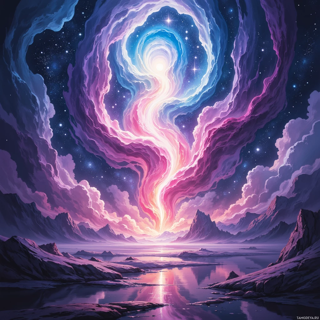 Semi-abstract image with many empty light space at center of beautiful background, that is suitable for the post:  Starlight drips into my paintbrush, turning silence into a symphony of colors the void listens to.