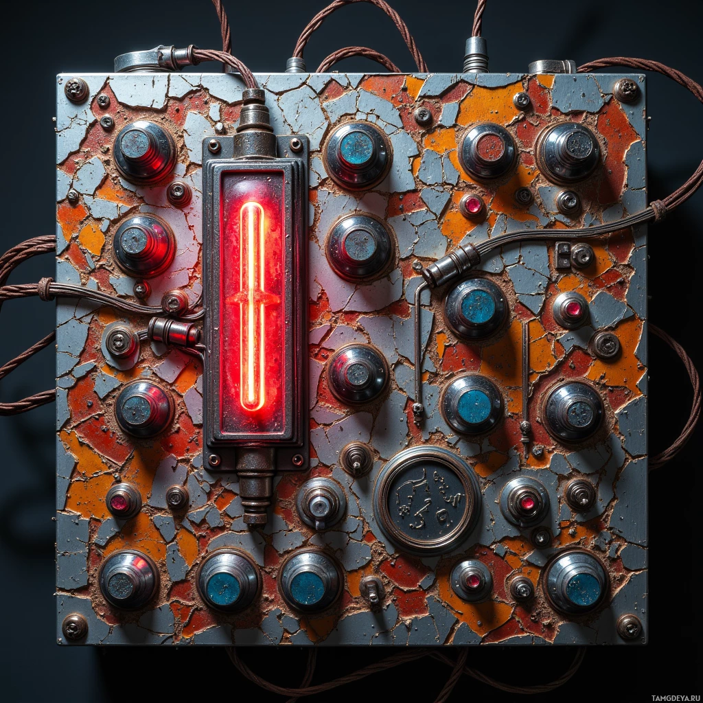Semi-abstract image with many light, that is suitable for the post:  Handcrafted analog synthesizer with a mosaic of cracked subway tiles, patch cables fashioned from rusted street‑light wires glowing neon, a rugged metallic chassis, and exposed circuitry.