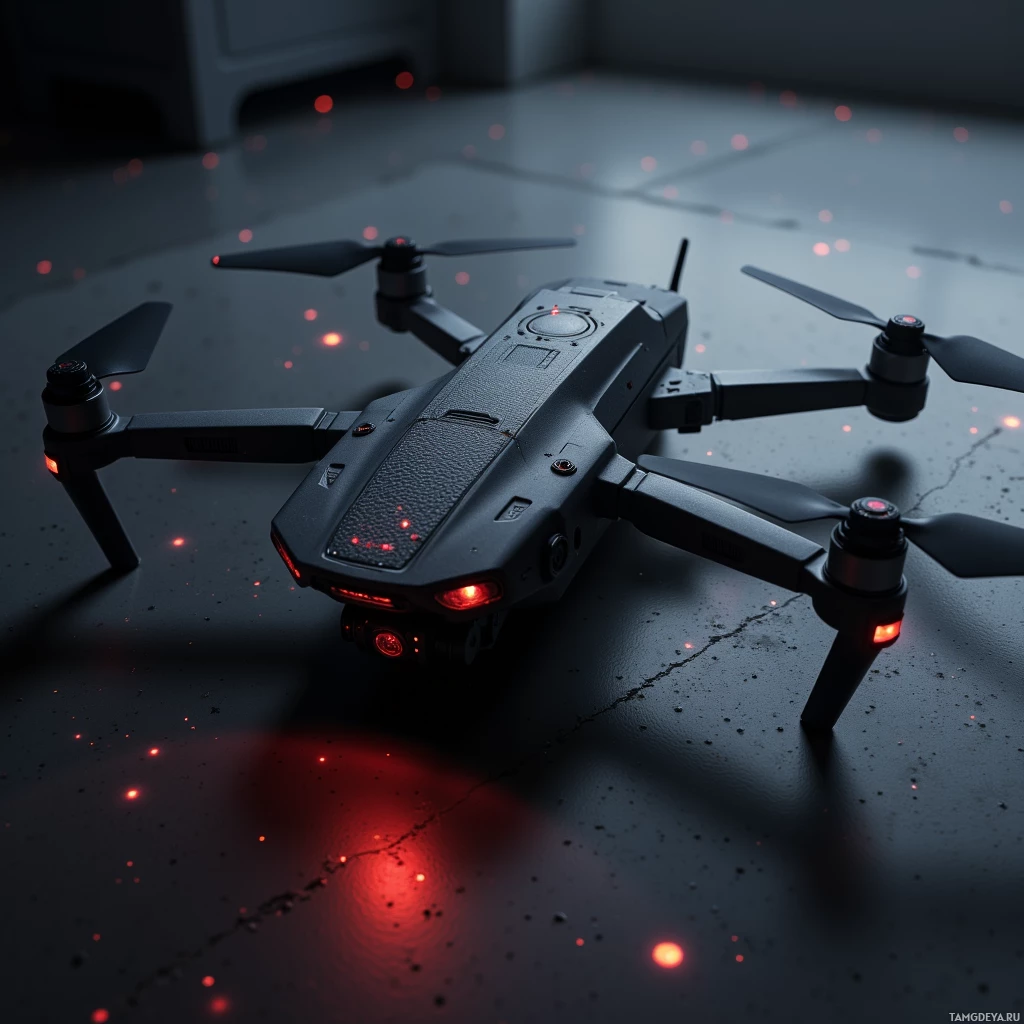 Крупный план черного дрона с красными огнями на посадочной шасси, стоящего на темной поверхности, усыпанной красными частицами.