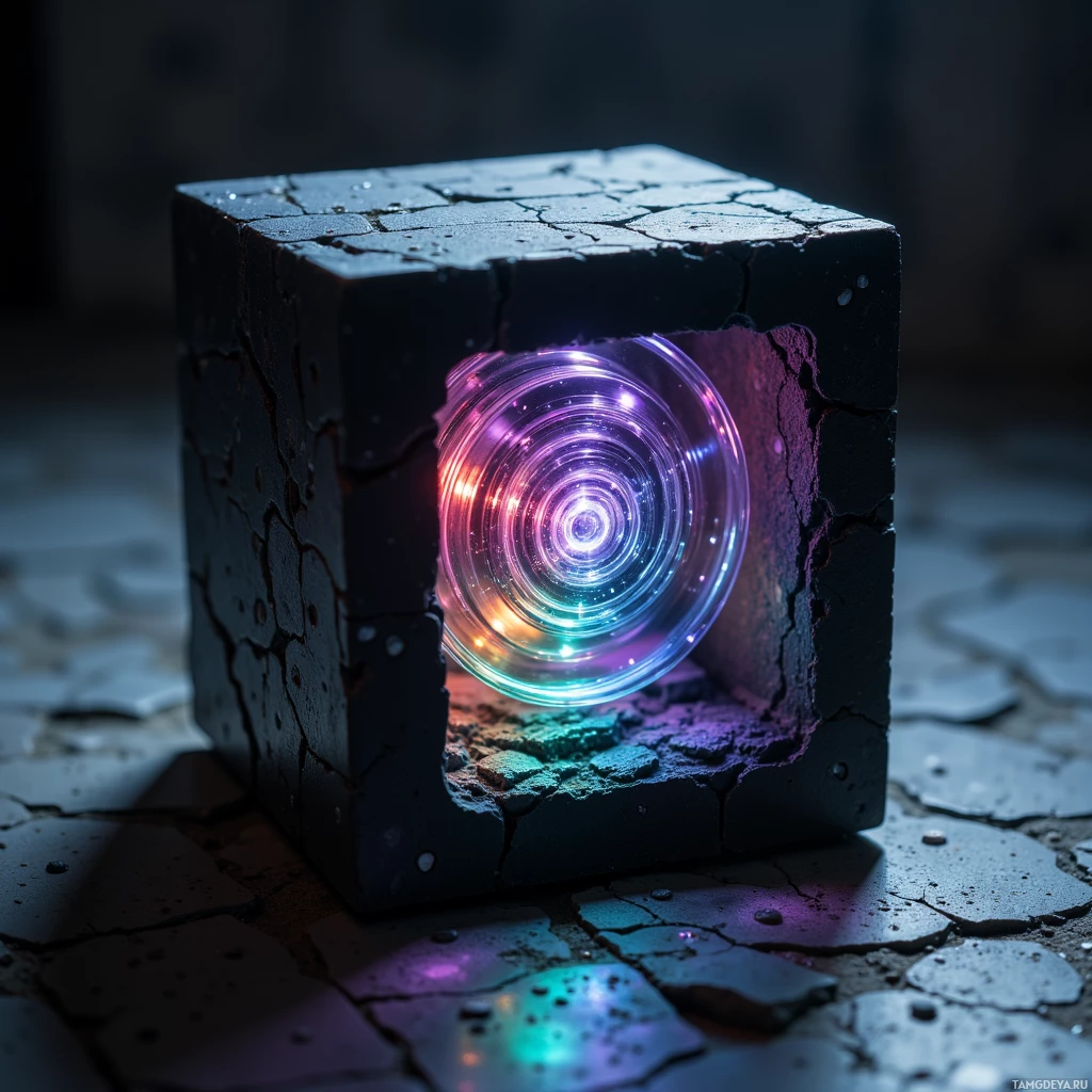 Semi-abstract image with many light, that is suitable for the post:  small matte‑black cube with a glass face pulsing faintly in color, revealing a miniature spinning labyrinth inside that reflects swirling light and subtle sound echoes, surrounded by cold metallic edges.