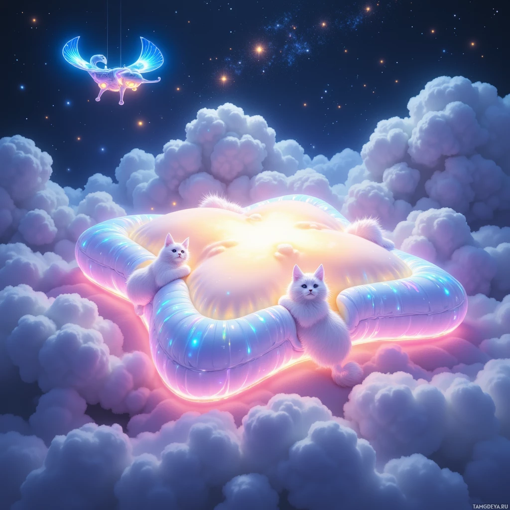 Semi-abstract image with many light, that is suitable for the post:  Silky anti‑static cloud‑pillow made of second‑skin fabric, pastel glow with holographic whisker pattern on its edges, tiny cat‑shaped drone hovering beside it, built‑in speaker and smart temperature control, transforms into a hammock.