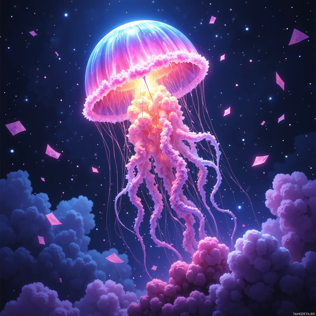 Светящаяся медуза с яркими цветами и струящимися щупальцами на фоне звездного неба.