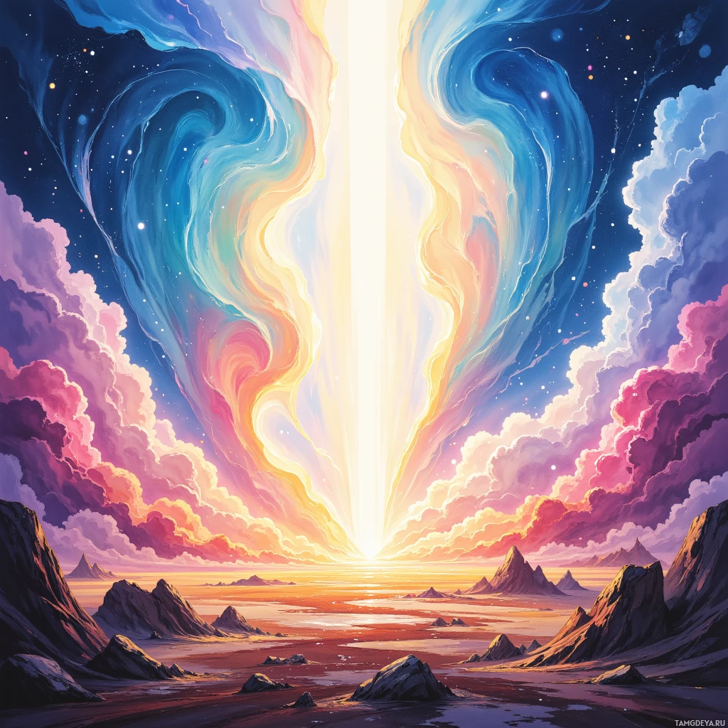 Яркий, неземной пейзаж с вихрящимися облаками, сияющим источником света и зубчатыми вершинами гор.