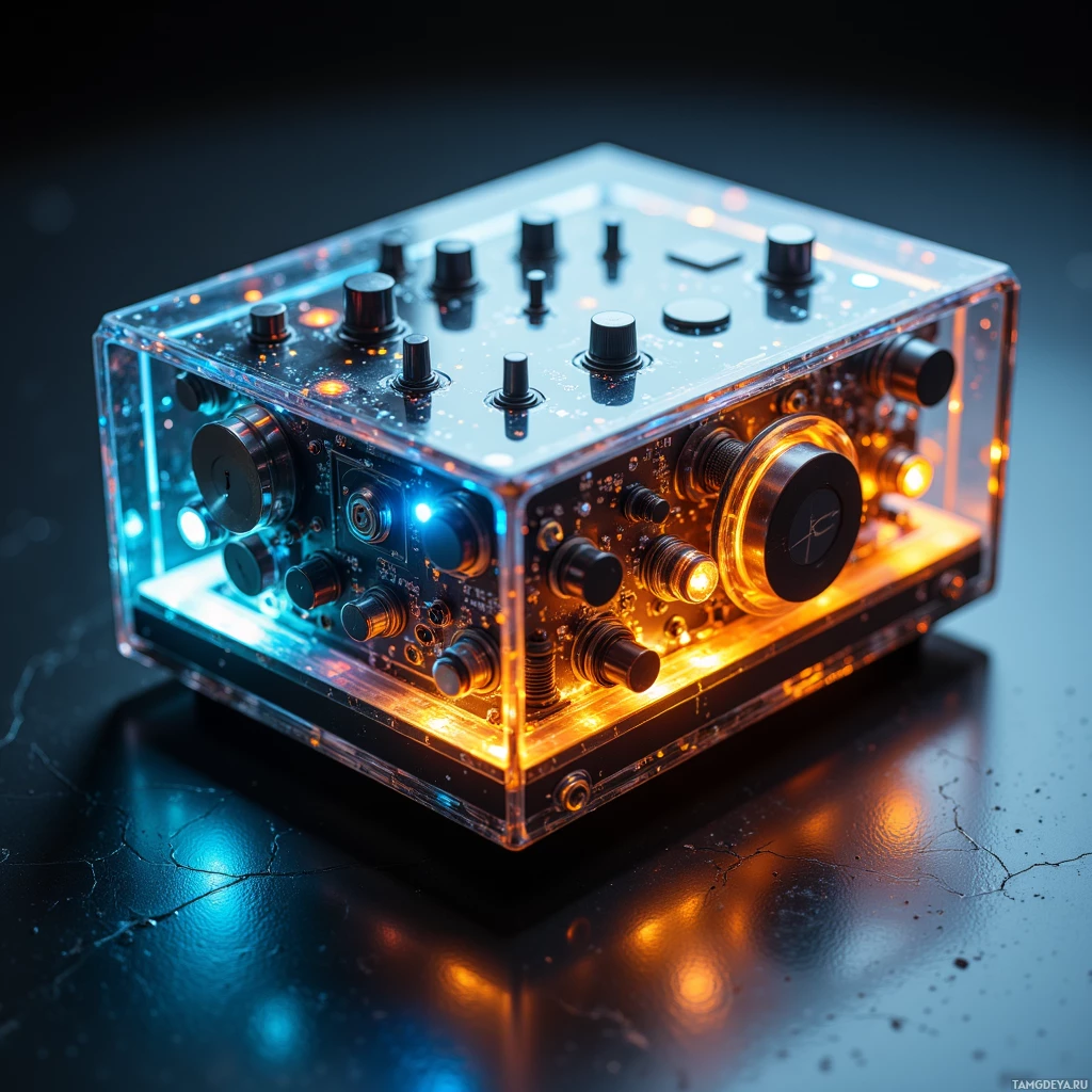 Прозрачный электронный девайс с подсвеченными элементами управления и светящимися индикаторами.