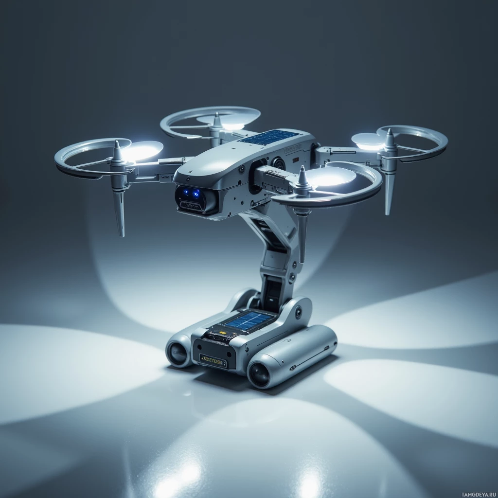 На тёмном фоне представлен футуристический дрон со светящимися пропеллерами и обтекаемым дизайном.