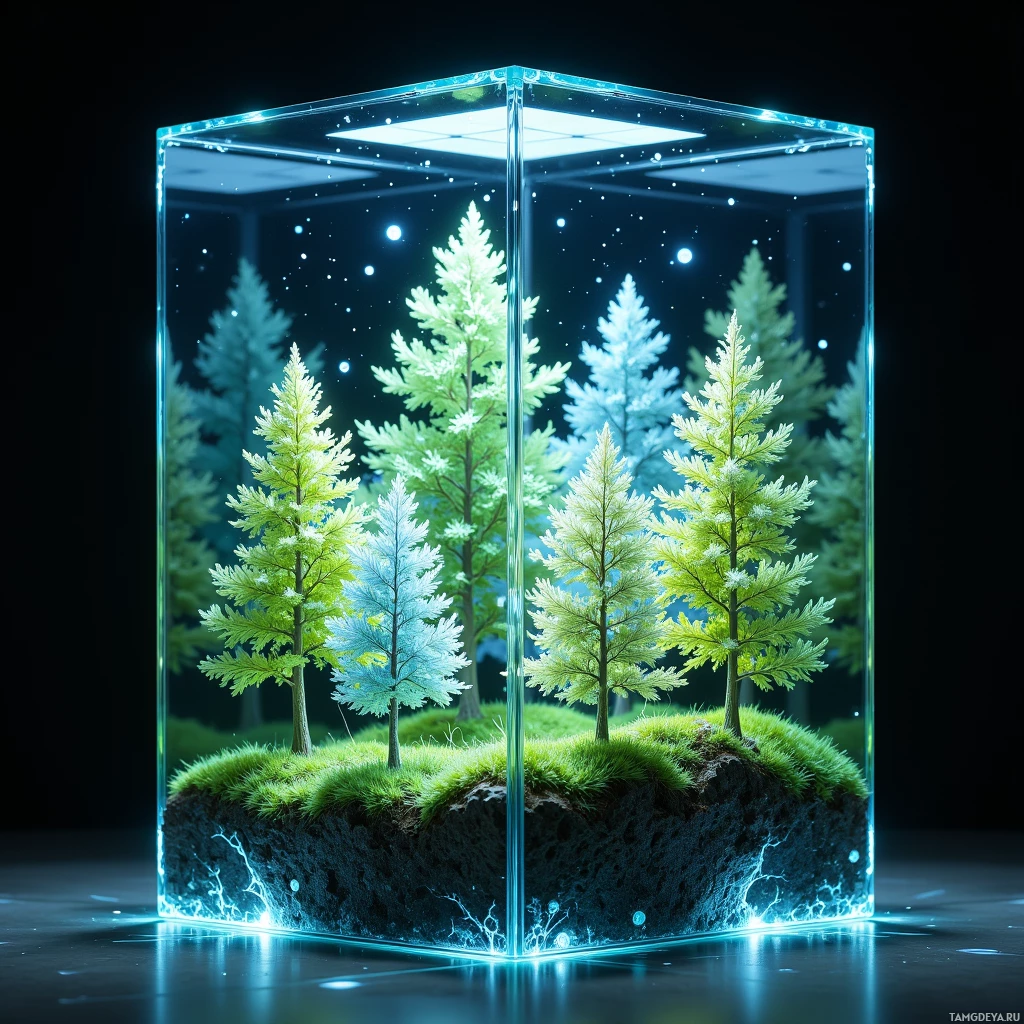 Стеклянный куб заключает в себе миниатюрный лес со светящимися деревьями и звездным ночным небом.