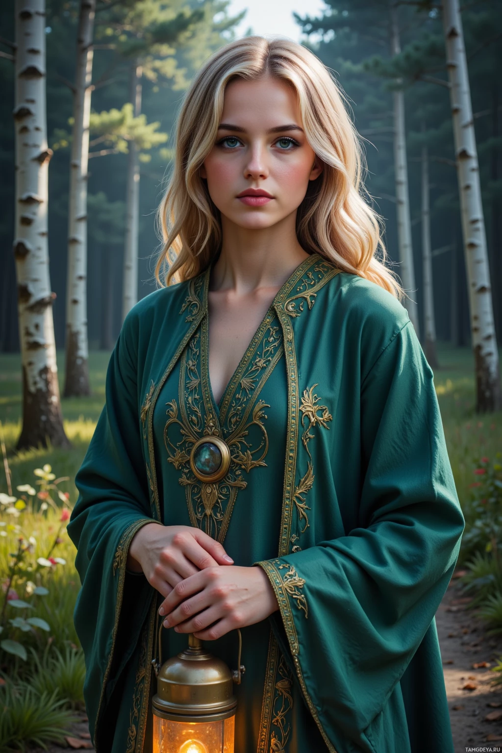 Женщина в зеленом халате с золотой вышивкой стоит в лесу, держа в руках горящий фонарь.