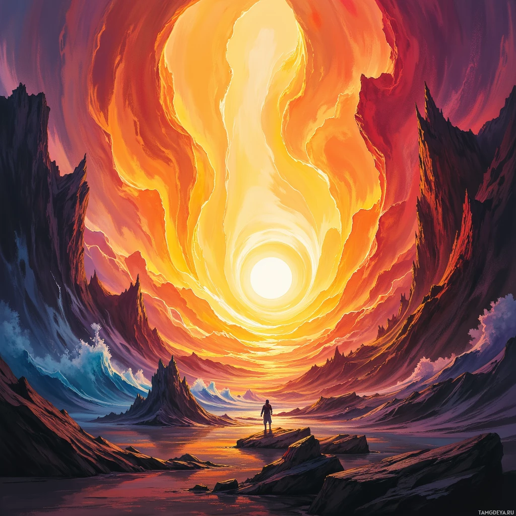 Одинокая фигура стоит на скалистом выступе, глядя на бушующее огненное небо.