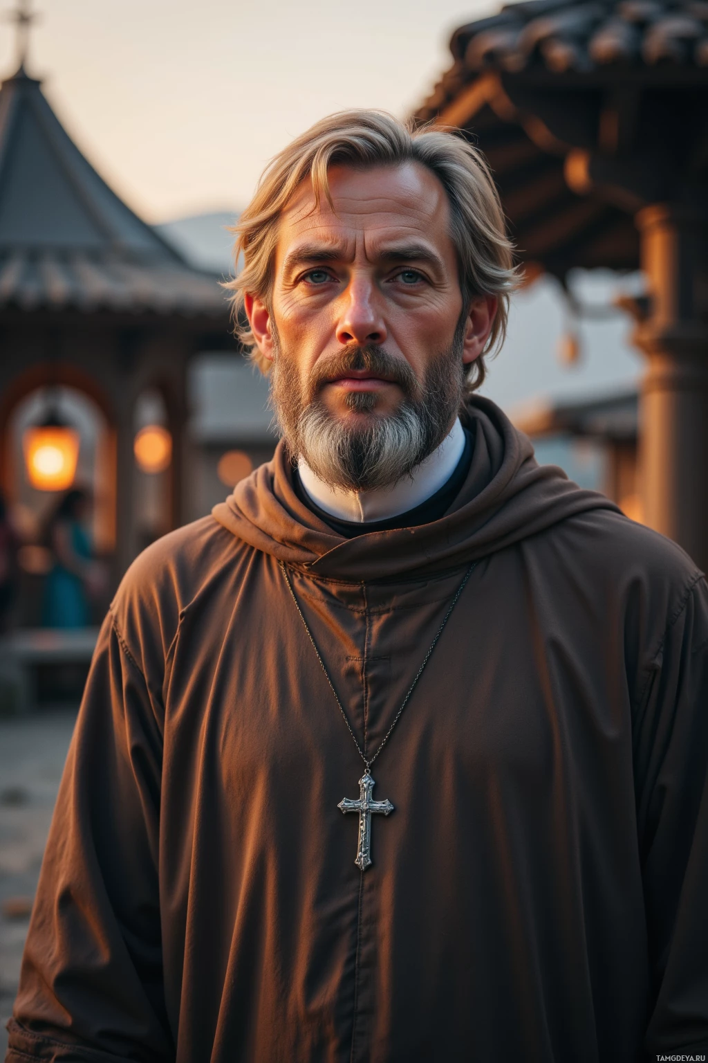 Мужчина в коричневой рясе с крестиком на цепочке стоит перед зданием, освещенным фонарём.