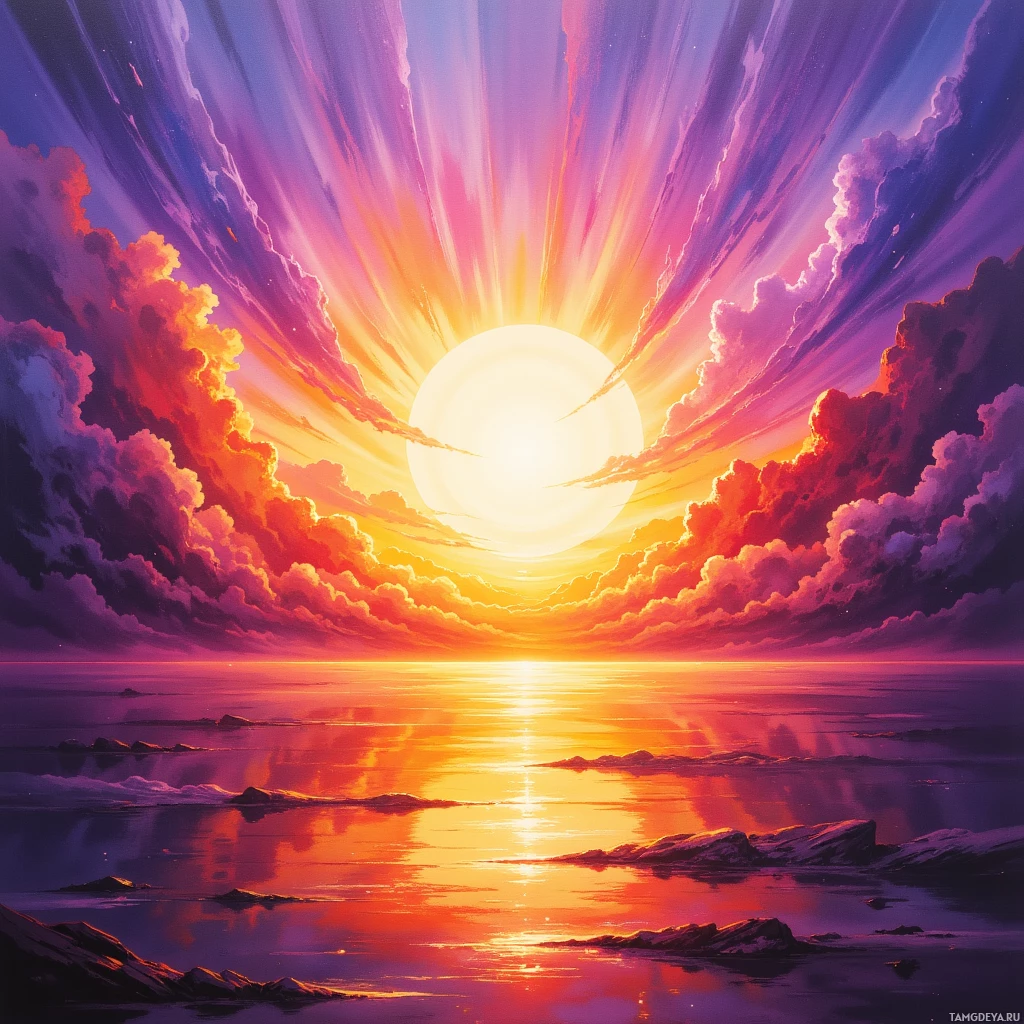 Яркий закат с лучами света и разноцветными облаками, отражающимися в спокойном море.