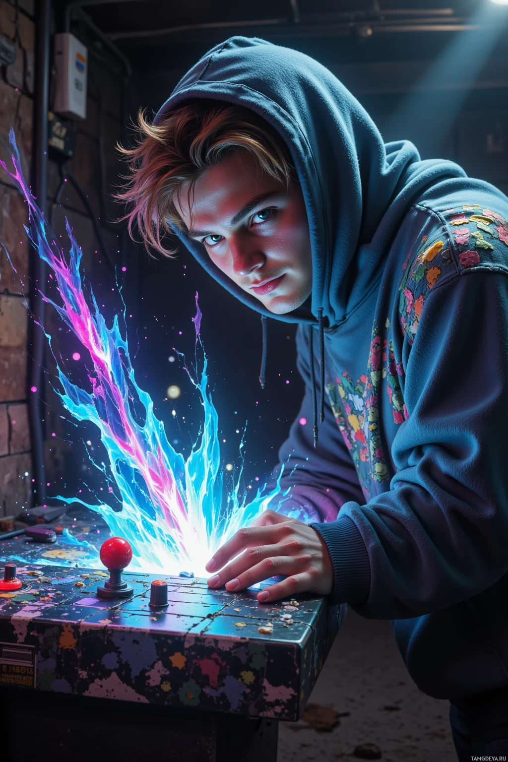 Realistic high quality photo. Male, 22, messy light brown hair, blue eyes, pale pixelated skin, wearing a tattered hoodie with shifting glitch patterns, leaning over a cracked 1979 arcade board in a dim basement, fingers dancing on the console, a glitching 3D sprite loop erupting from the board, flickering data stream, broken retro circuitry, dust motes swirling, a sarcastic smirk on his face.