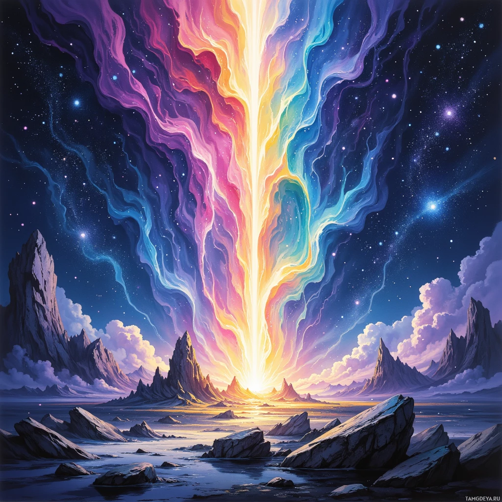 Яркая космическая сцена: из небес ниспадает сияющий луч света, освещая сказочный пейзаж из зубчатых гор и каменистых берегов.