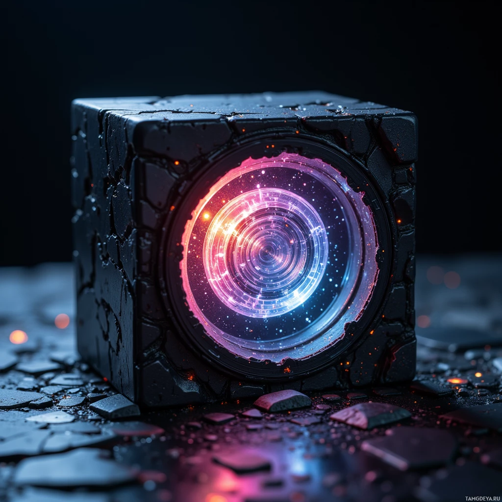 Светящийся, футуристичный куб с кольцеобразным источником света, излучающим космический, звездный узор, покоится на тёмной, каменистой поверхности.