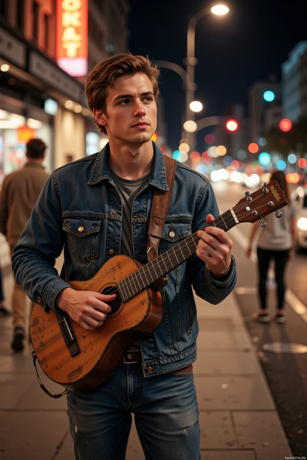 Realistic high quality photo. A 25‑year‑old man with light brown hair, blue eyes, pale skin, wearing a denim jacket over a dark tee and casual jeans, stands on a nighttime city sidewalk, strumming a battered ukulele as late‑night traffic blurs past and passersby glance up with glinting eyes.