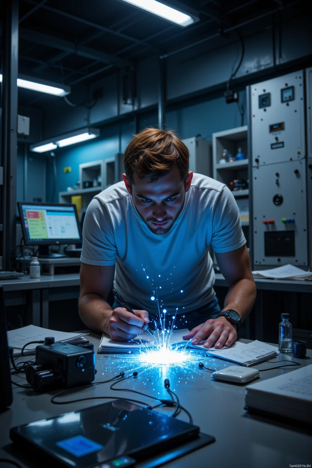 Realistic high quality photo. Male, 29, short russet hair, blue eyes, fair skin, sharp features, wearing a casual t‑shirt and jeans, hunched over a glowing quantum lattice prototype in a dimly lit high‑tech lab, scribbling equations on a notebook while a blinking emitter pulses with an unfamiliar pattern, surrounded by metal panels and diagnostic displays, late night.