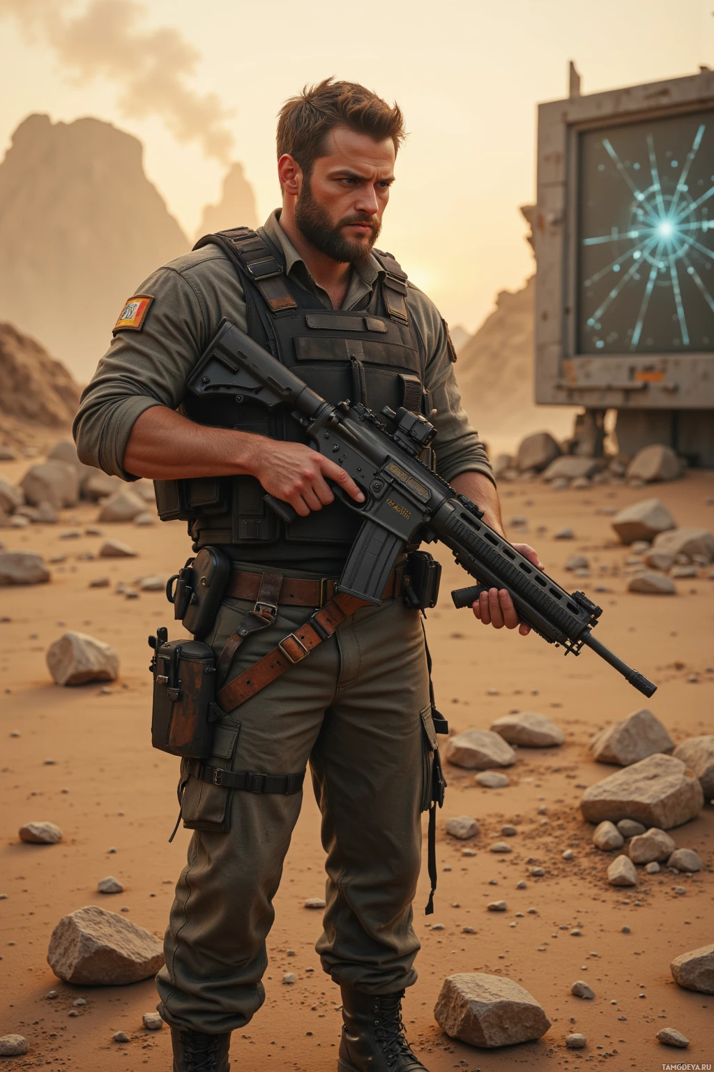 Солдат стоит в пустынной местности, держа на плече винтовку и одетый в тактическую экипировку.
