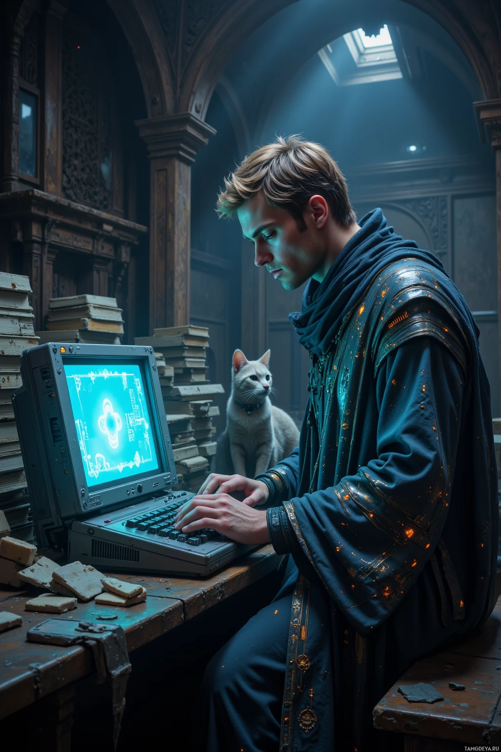 Realistic high quality photo. Male, 36, light brown hair, blue eyes, wearing layered robes with embedded circuitry and translucent data patterns, solemnly archiving a lost .XYZ file on a glowing terminal amid stacks of 32‑bit ZIPs inside a dimly lit sanctum, while a cat sits beside a broken keyboard.