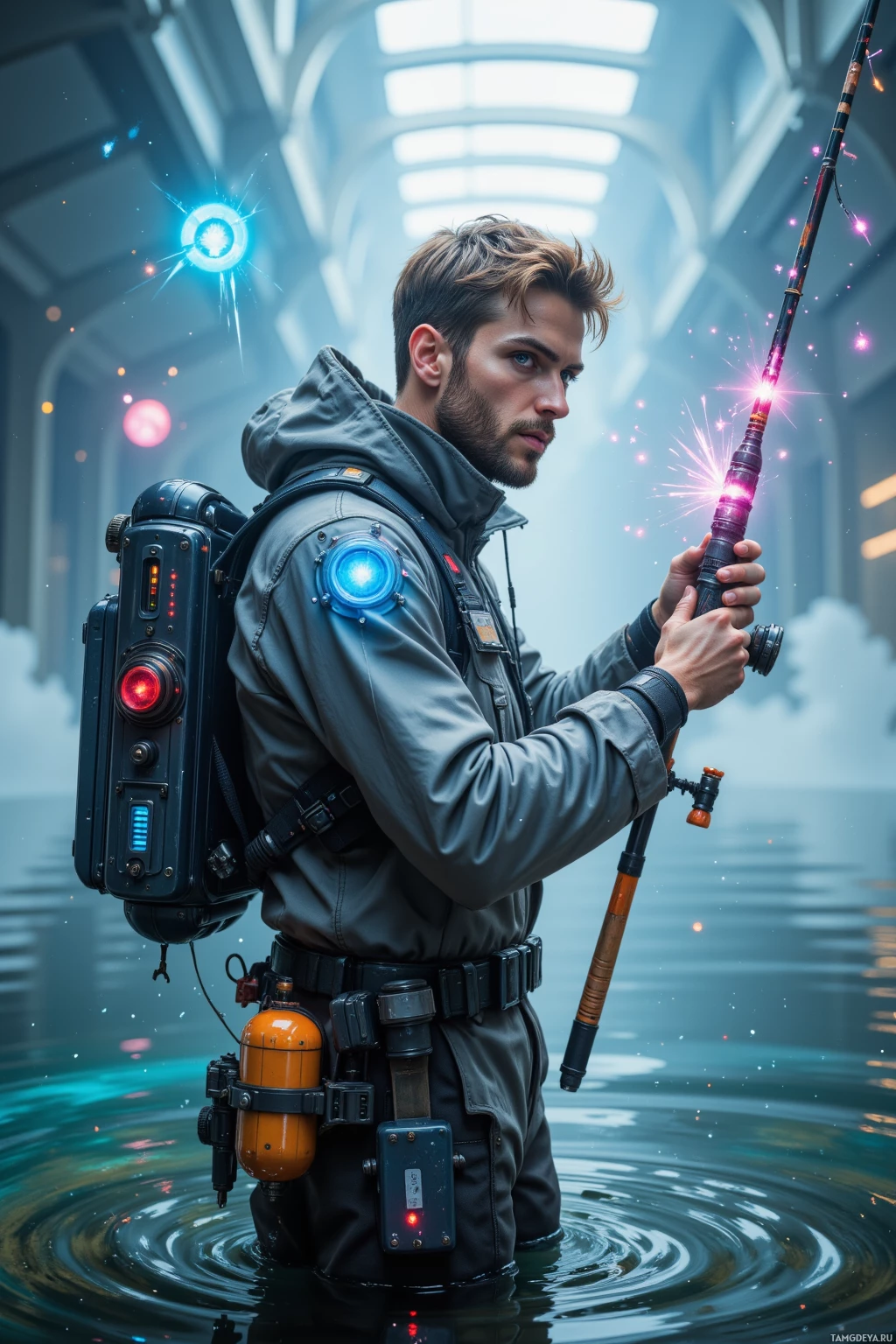 Realistic high quality photo. A 29‑year‑old man with light brown hair, blue eyes, pale skin, sharp jawline, wearing a sleek futuristic fisherman's jacket and waders, holds a cybernetic fishing rod with glowing holographic lure pack while setting up a holo‑line in a mist‑laden cyber‑bay, surrounded by floating holograms and digital glitch sparks, his pose dynamic and expressive as he engages an unseen audience, showcasing inventive showmanship and a playful, witty atmosphere.