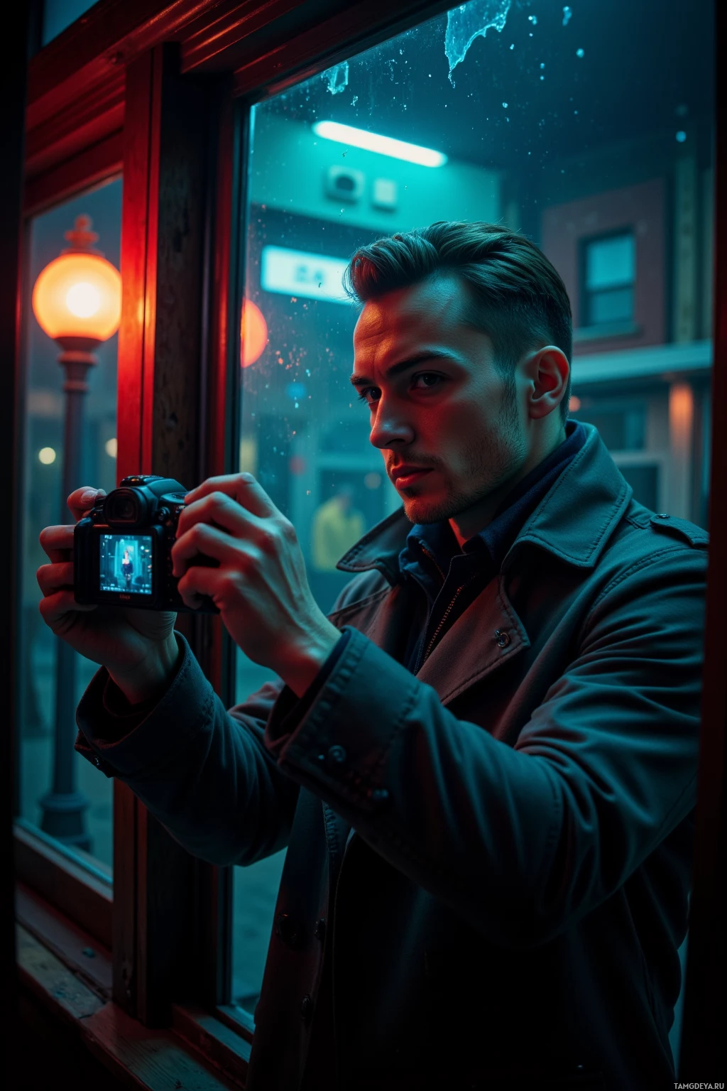 Мужчина стоит у окна, держа в руках фотоаппарат и смотрит в ночную темноту.