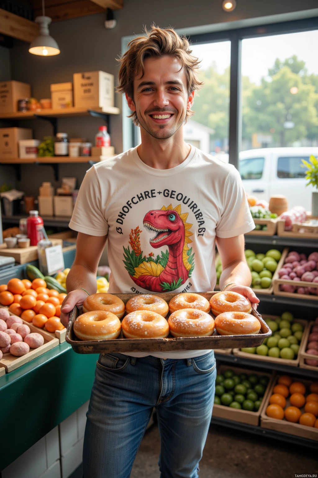 Realistic high quality photo. A 25‑year‑old man with messy light brown hair, bright blue eyes and a friendly smile, wearing a graphic tee and jeans, standing in a corner market holding a tray of dinosaur‑shaped doughnuts, laughing as he teases the cashier with a playful prank, sunlight filtering through the window onto a colorful display of produce, realistic modern setting.