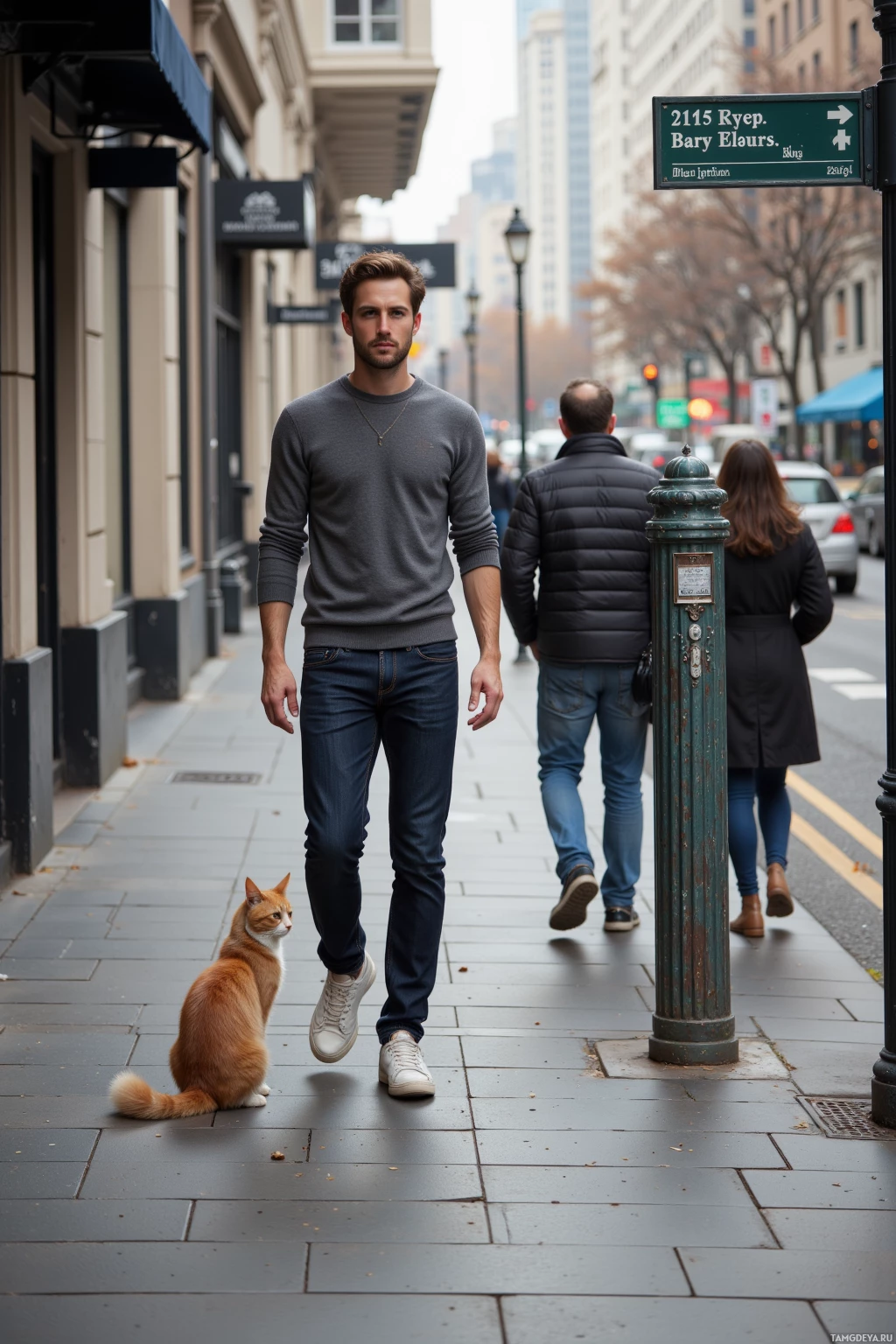 Realistic high quality photo. 27-year-old man with brown hair, clear blue eyes, pale skin, wearing a fitted gray sweater and dark jeans, walking on a city sidewalk studying a wayfinding plaque while a cat perched on a stoop twitches its tail, commuters passing under midday light.