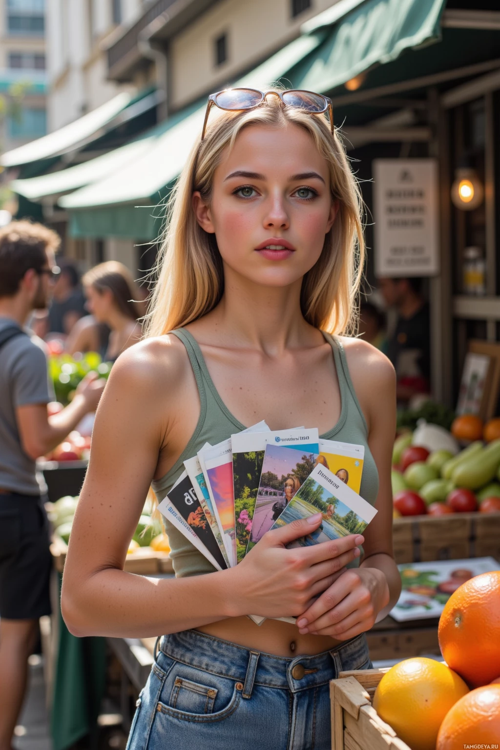 Realistic high quality photo. Morning light streaming through a bustling market stall, a 25‑year‑old woman with long blonde hair, bright blue eyes, fair skin, wearing a tank top and shorts with sunglasses perched on her forehead, humming while holding a stack of postcards beside colorful produce stalls, with a street musician playing guitar nearby.
