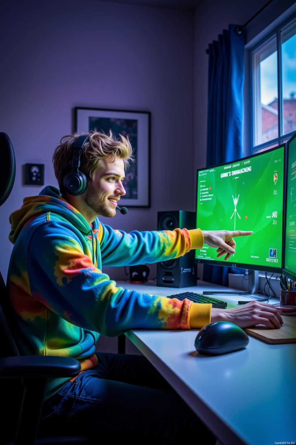 Realistic high quality photo. male, 25, with messy blonde hair and blue eyes, wearing a colorful hoodie and gaming headset, sits at a modern home gaming desk in a dim room illuminated by dual monitors showing a bright green scoreboard, pointing at the screen with a friendly grin as chat icons flash overhead, embodying a focused yet approachable streamer coaching a teammate.