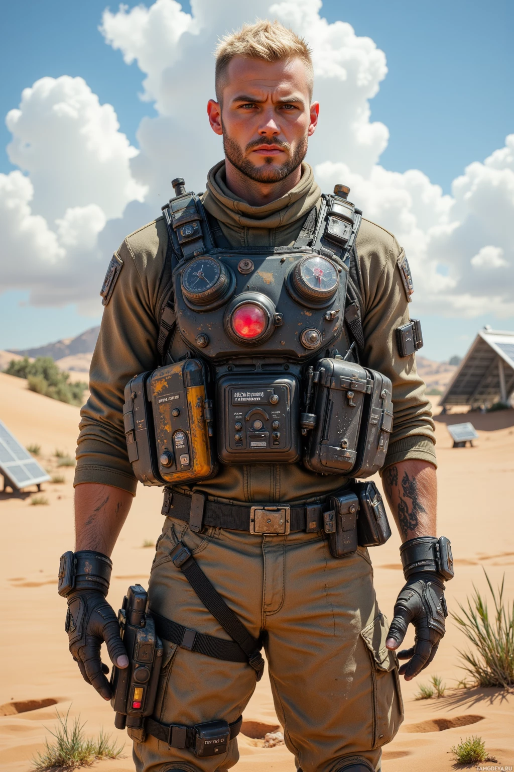 Человек в пустынной местности, одетый в тактический жилет и перчатки.