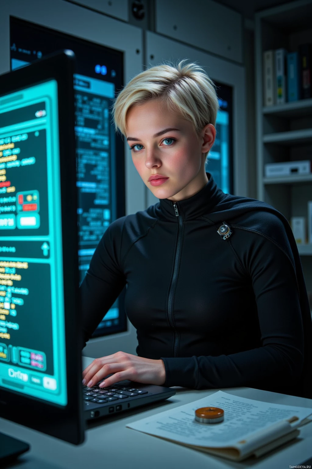 Realistic high quality photo. Eager 28‑year‑old woman with short spiky blonde hair, piercing blue eyes, pale skin, slender build, wearing a sleek black futuristic jumpsuit with cape‑like trailing fabric, sits in a dimly lit server room, fingers poised on a glowing keyboard as a frozen menu and glitchy teal holographic interface stutters before her, her expression tense and focused amid scattered code screens.
