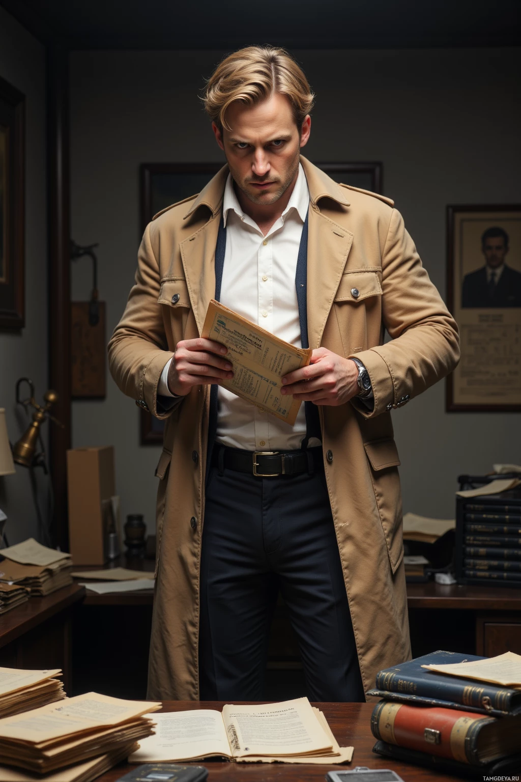 Realistic high quality photo. Tall blonde-haired male detective in a trench coat, crisp white shirt, dark trousers, methodically aligning color‑coded case files on a cluttered office desk surrounded by stacks of old paper and a single binder, late evening, exuding calm determination.