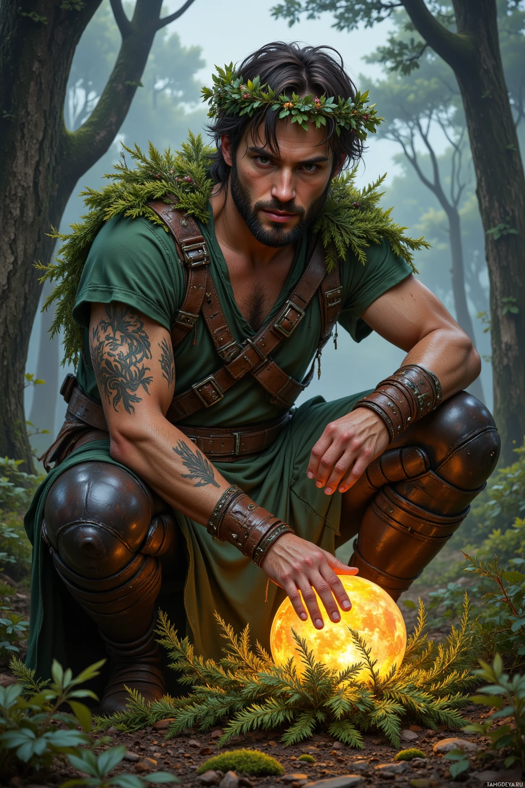 Realistic high quality photo. A rugged forest guardian, 34, messy dark brown hair, warm brown eyes, sun‑kissed skin, wearing a forest‑green tunic with vine‑woven leather armor and a leaf wreath, kneeling in an amber‑lit thicket at dusk, gathering glowing moonlit moss into a satchel of silver‑leafed ferns, surrounded by rustling trees.
