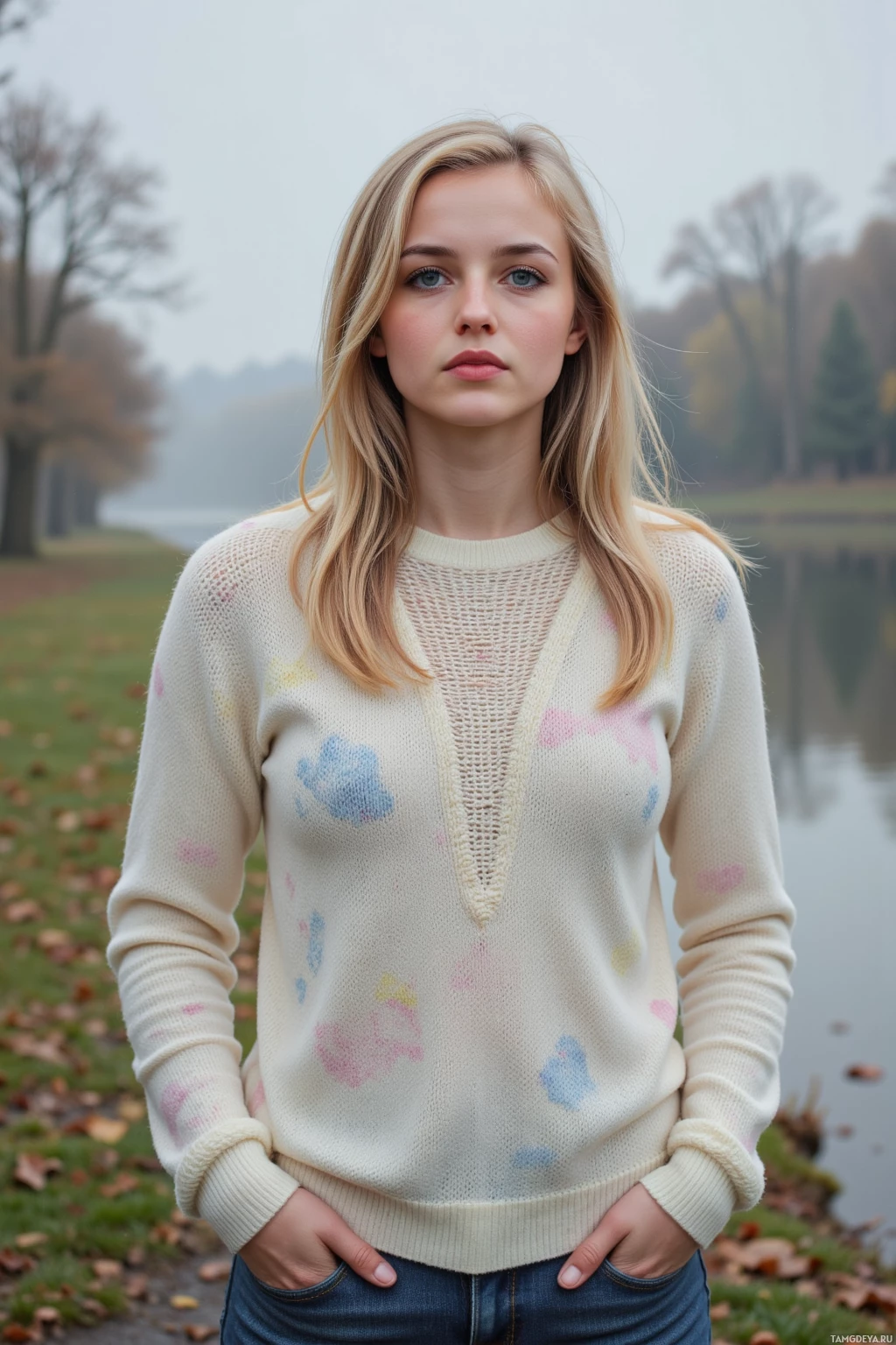 Realistic high quality photo. A 26‑year‑old woman with soft blonde hair and gentle blue eyes, wearing a light pastel sweater and dark jeans, walking along a quiet riverbank in gentle rain, listening to a stressed neighbor, with misty water, soft lighting, modern realism.