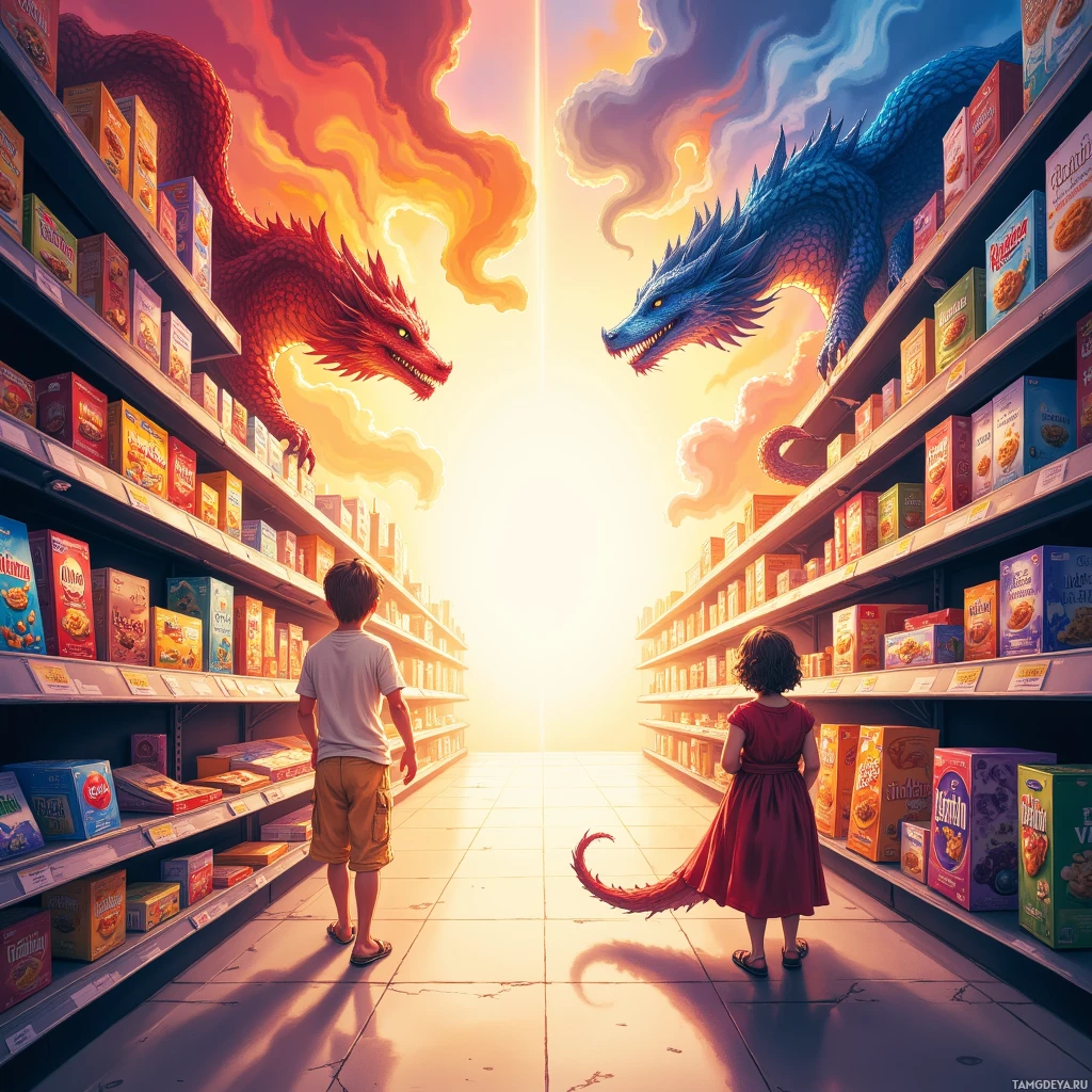 Semi-abstract image with many empty light space at center of beautiful background, that is suitable for the post:  I chase dragons in the grocery aisle, believing the cereal boxes are portals.