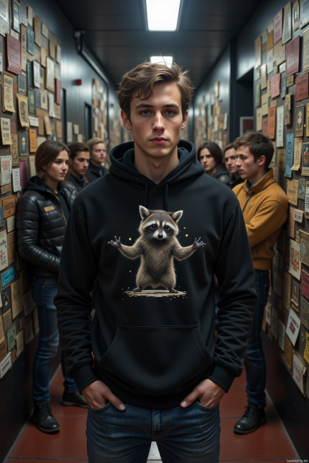 Realistic high quality photo. A 22-year-old man with tousled light brown hair, bright blue eyes, pale skin, wearing a black hoodie and baggy jeans, stands in a dim hallway where a fort made of old concert tickets holds a raccoon in a trench coat salsa dancing, surrounded by his chaos crew laughing and filming.