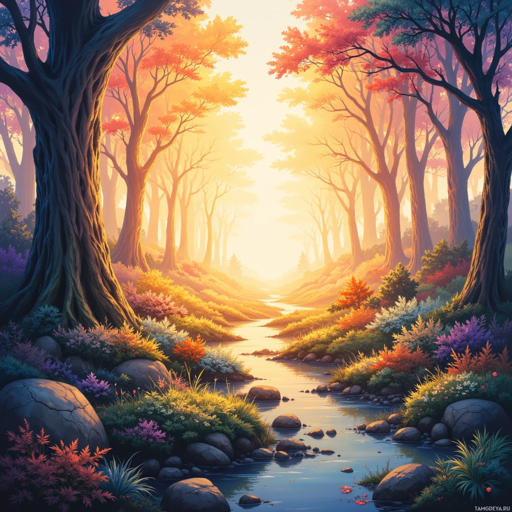 Безмятежная лесная сцена с рекой, струящейся сквозь неё, залитая тёплым, золотистым светом.