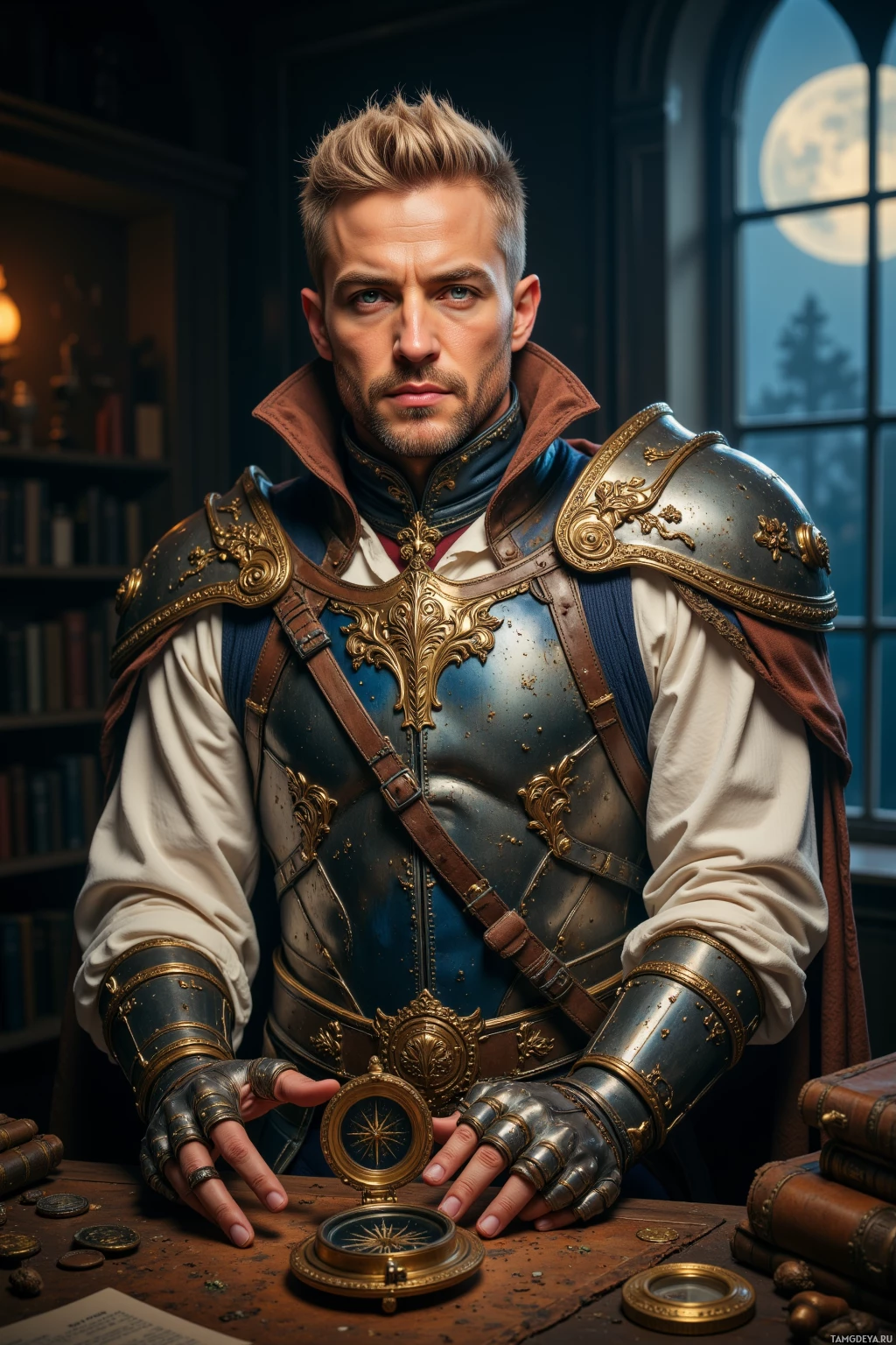Realistic high quality photo. A 40‑year‑old male with a blonde pompadour, piercing blue‑green eyes, pale skin, wearing intricate mirrored armor, a white shirt and mirrored trousers, twin silver cufflinks, standing in a dimly lit study at dawn with a moonlit reflection on the window, holding an old brass compass that spins between shadow and light on a dusty desk.