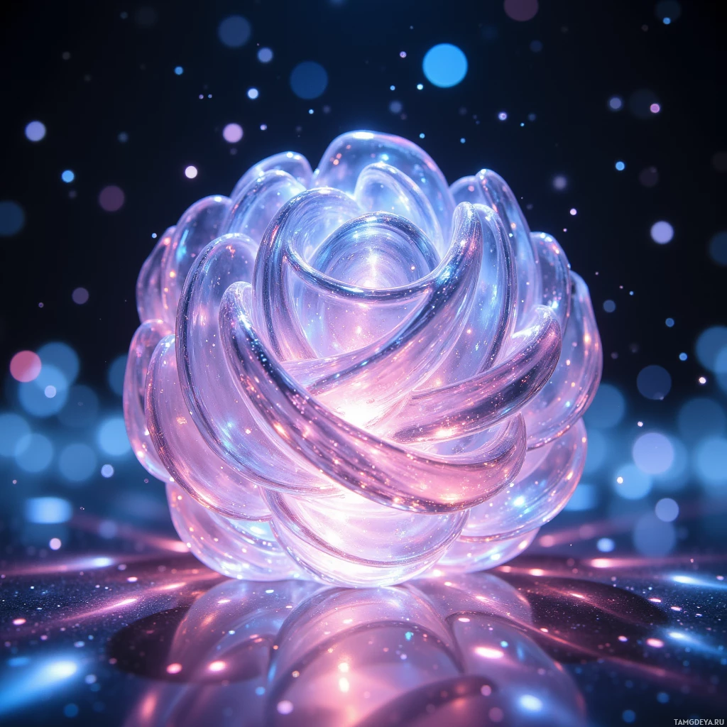 Светящийся, полупрозрачный спиральный объект с отражающей поверхностью на фоне тёмного, звёздного пространства.