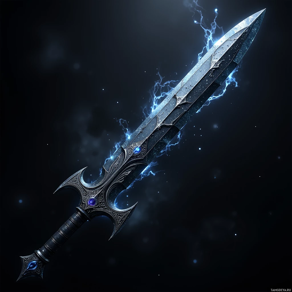 Semi-abstract image with many light, that is suitable for the post:  A black obsidian sword with a razor‑sharp edge, its surface etched with faintly glowing sigils that pulse like heartbeats, and a dark metallic handle that hums softly, its edge sharpening as the night deepens.