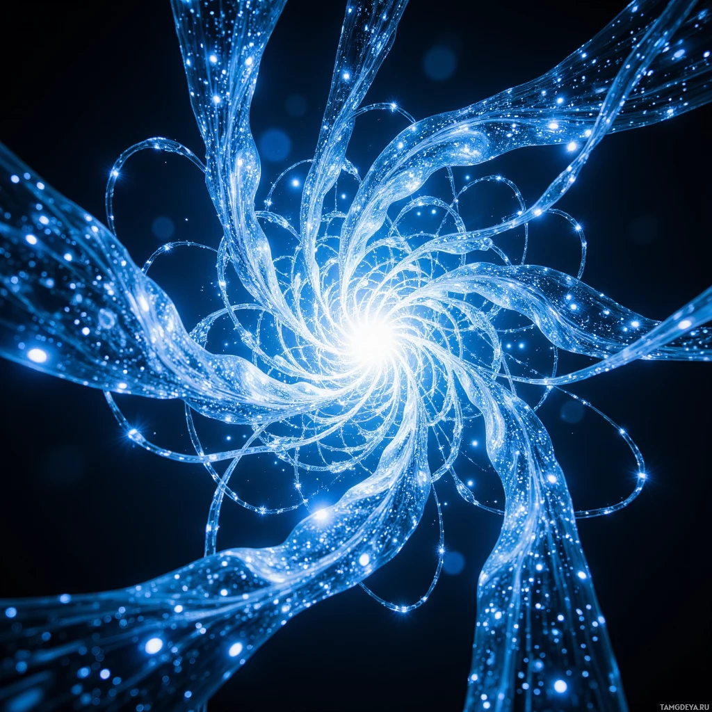 Светящийся синий абстрактный узор с замысловатыми, закрученными линиями и яркими акцентами на тёмном фоне.
