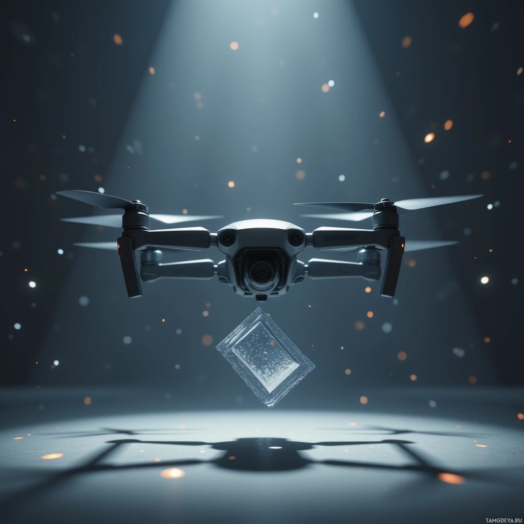 Semi-abstract image with many light, that is suitable for the post:  Matte black sleek drone with a compact chassis, four stabilizing rotors, a tiny built‑in camera, hovering a few feet above, and a small cooling gel packet suspended midair in a high‑tech athletic design.