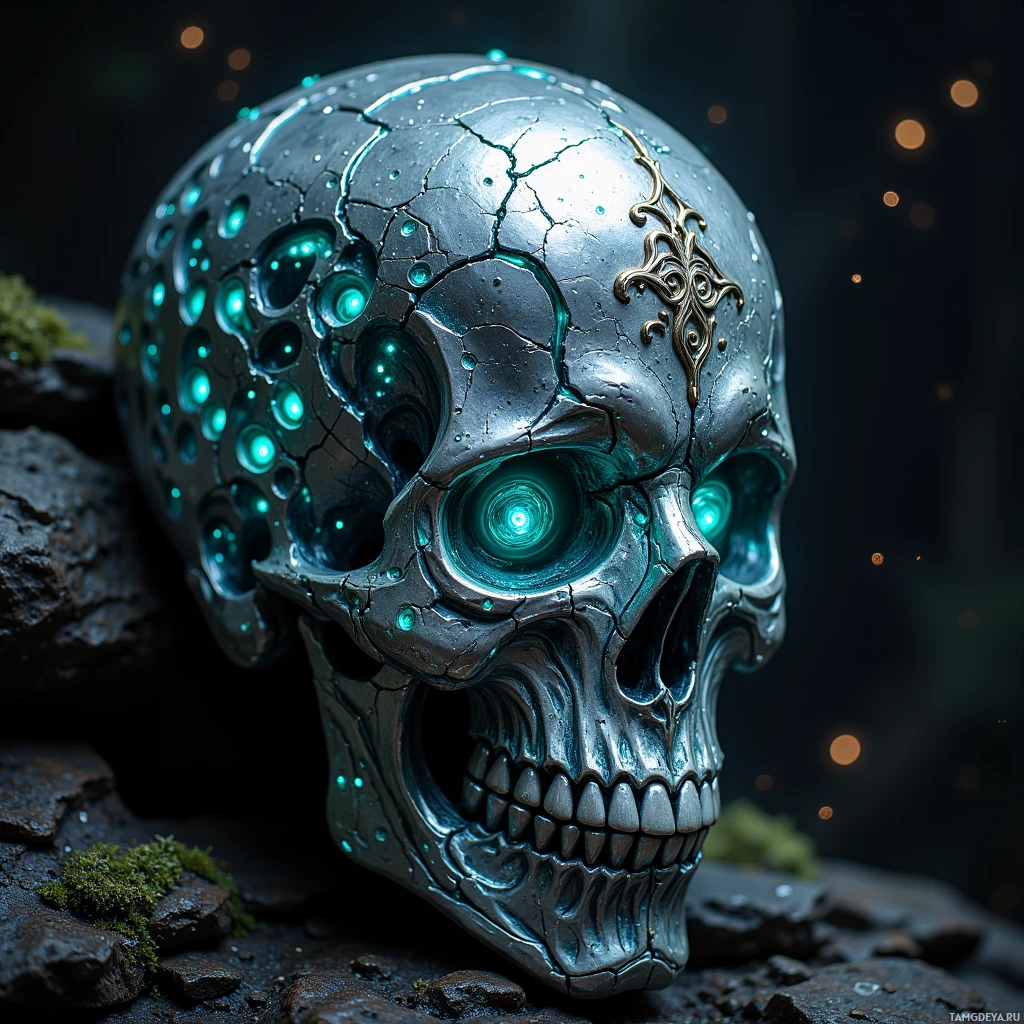 Semi-abstract image with many light, that is suitable for the post:  silver blackened skull with cracked glaze shimmering like wet moonlight, intricate looping sigils engraved along the surface, faint bioluminescent glow pulsing within the sigils.