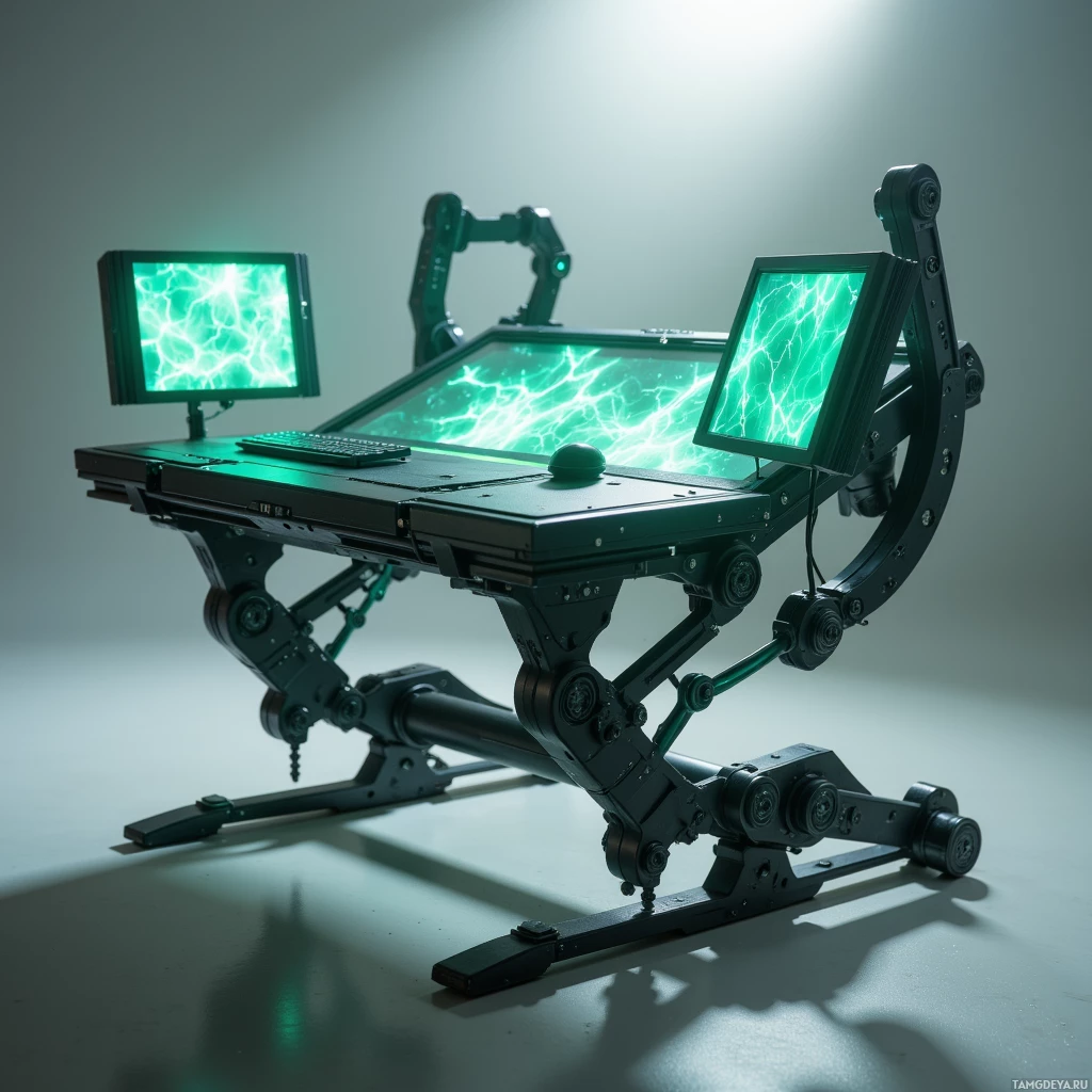 Футуристичная рабочая зона с роботизированной рукой и светящимися экранами.