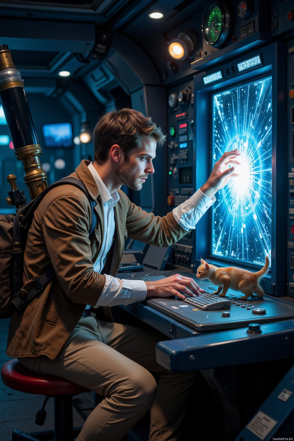 Realistic high quality photo. Male, 35, short light brown hair, sharp blue eyes, calm, wearing a brown jacket with brass buttons, khaki pants, white dress shirt, telescope strapped to his back, squinting at a holographic star light curve on a glowing console in a dimly lit observatory aboard a spaceship, while a small cat swipes the keyboard.