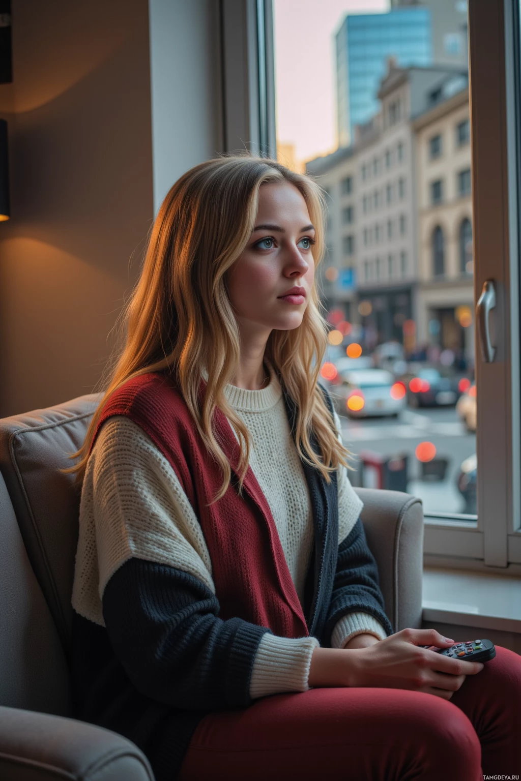 Realistic high quality photo. A warm, kind 25‑year‑old woman with long, curly blonde hair and warm brown eyes sits on a cozy sofa in her modern living room, wearing an oversized sweater, leggings, and a soft scarf, holding a remote and glancing at a TV screen while staring out a window at a city street in the evening light, her expression showing gentle indecision as she contemplates staying home or going outside.