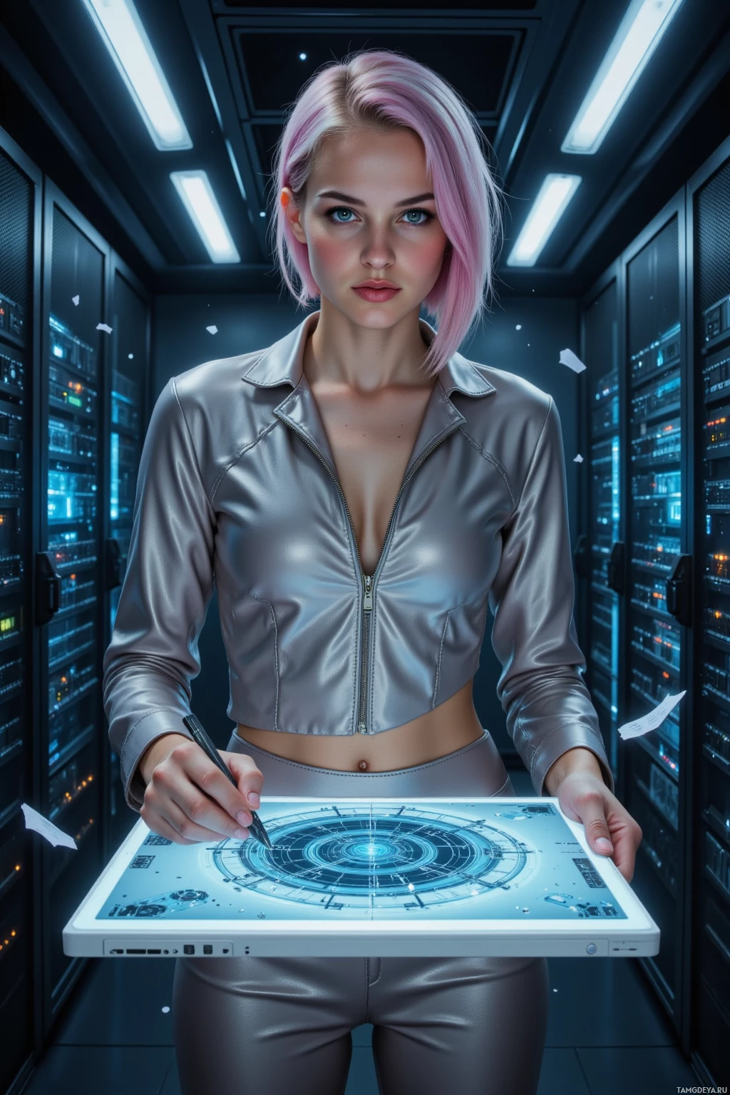Realistic high quality photo. A 29‑year‑old female inventor with short pastel pink hair and bright blue eyes, wearing a sleek silver asymmetrical jacket over metallic trousers, sketching warp‑drive core schematics on a holographic tablet in a dimly lit server farm surrounded by rows of server racks, as a prototype thruster hums and floating code fragments and half‑finished story notes swirl around her.